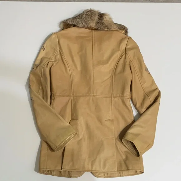 Vintage Arden B | Y2K Penny Lane Tan Leather Coat Fur Collar Embroidered | Sz S - Picture 11 of 13